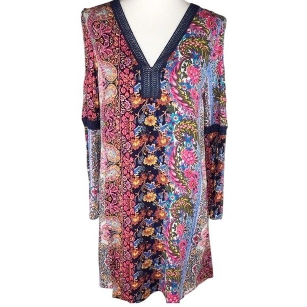 Cupio Womens Paisley Floral Patchwork Cold Shoulder Crochet V-Neck Shift Dress